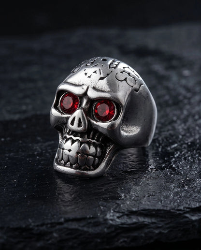 Red-Eyed Carved Crown Skull Ring
