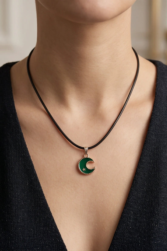 Gold and Green Crescent Moon and Star Necklace