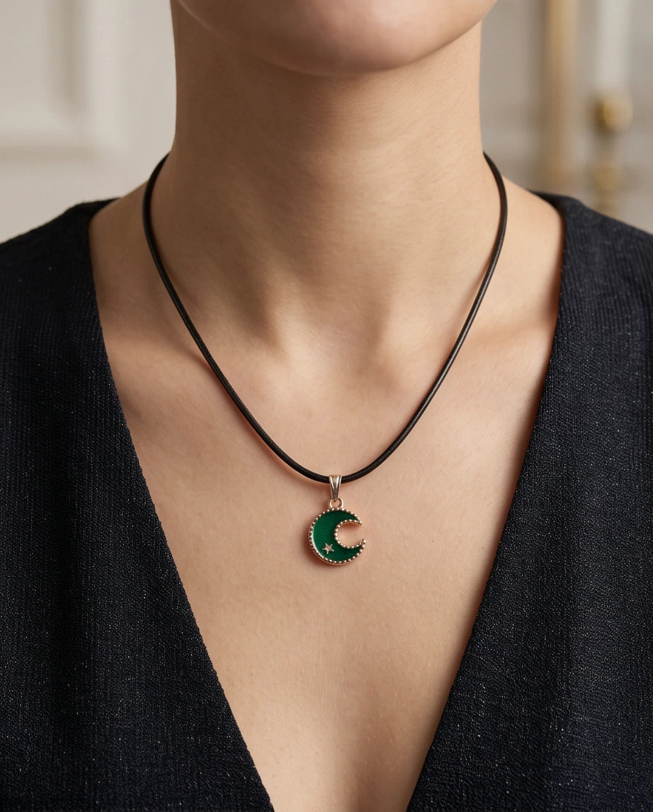 Gold and Green Crescent Moon and Star Necklace