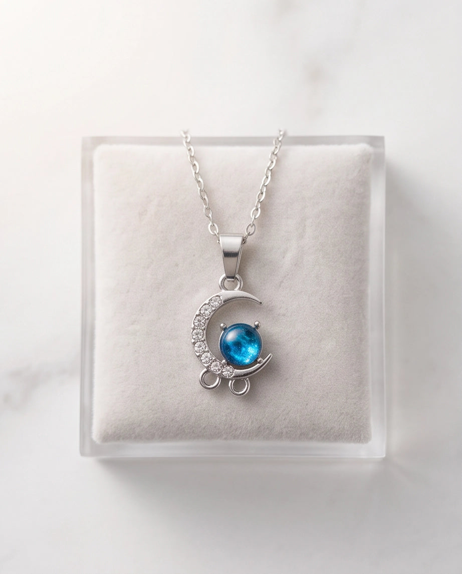 Silver Crystal Crescent Moon & Cosmic Blue Stone Pendant Necklace