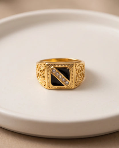 Onyx-Inlay Channel Pavé Diagonal Striped Filigree Gold Ring