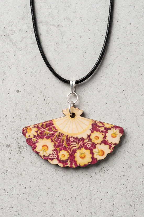 Vintage Burgundy & Gold Floral Hand-Fan Pendant Necklace