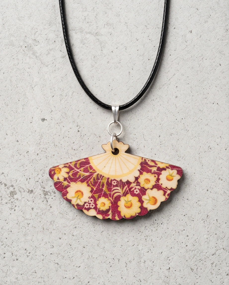 Vintage Burgundy & Gold Floral Hand-Fan Pendant Necklace