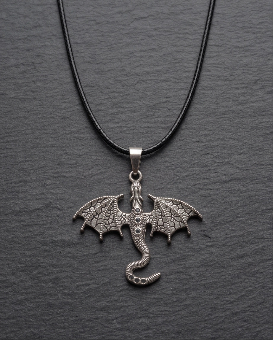 Silver Textured Dragon Wyvern Pendant Necklace