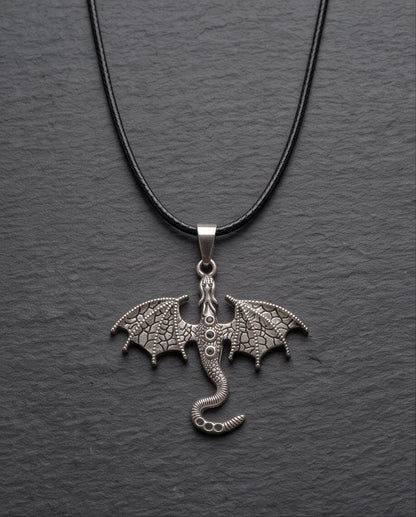 Silver Textured Dragon Wyvern Pendant Necklace