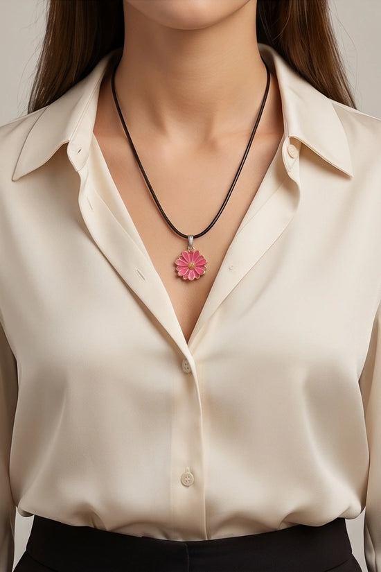 Pink Enamel Sunflower Pendant Necklace