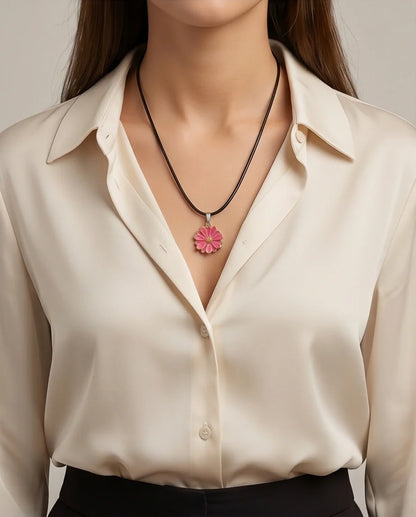 Pink Enamel Sunflower Pendant Necklace