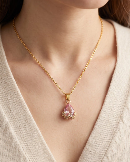 Gold Pink Teardrop Floral Basket Pendant Necklace