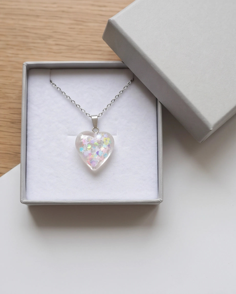 Silver Iridescent Confetti Clear Heart Resin Pendant Necklace