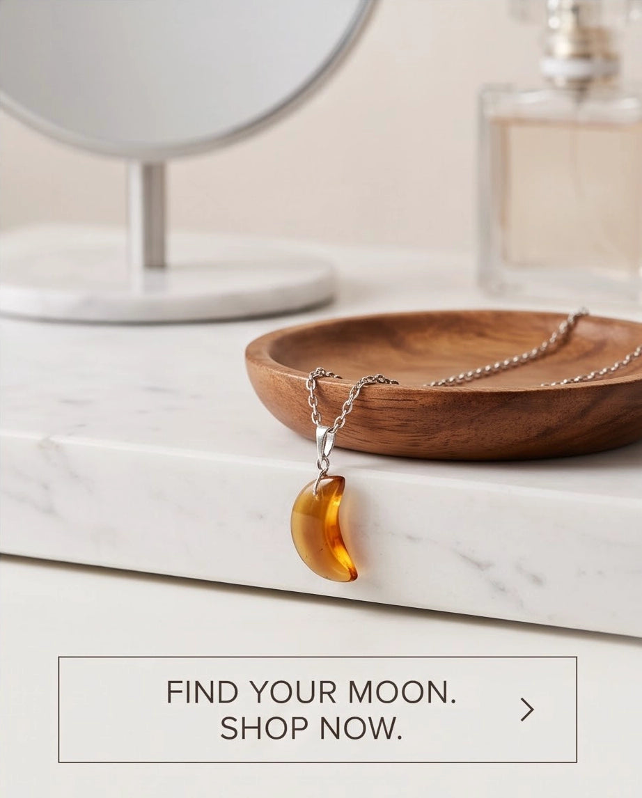 Silver Amber Resin Crescent Moon Pendant Necklace