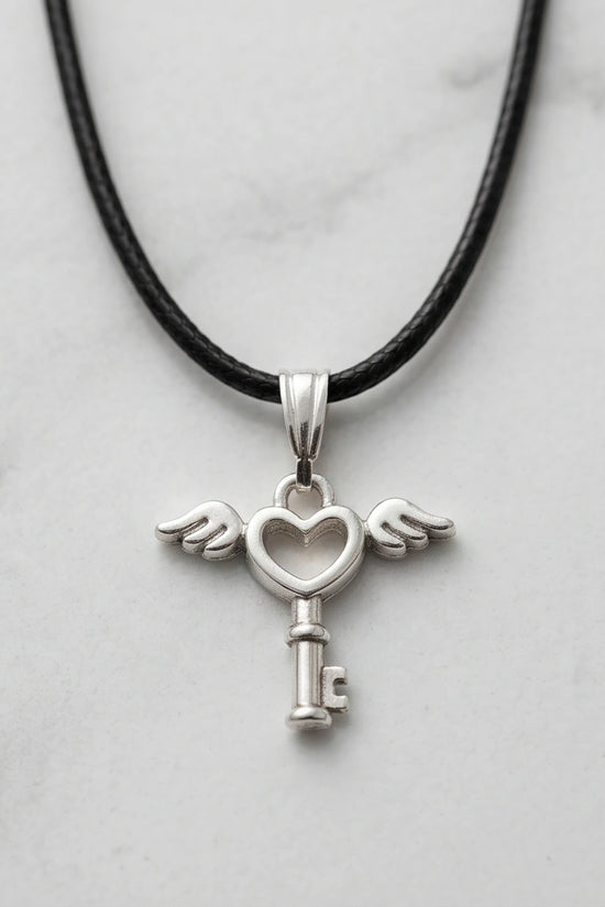 Silver Angel Wing Heart Key Necklace