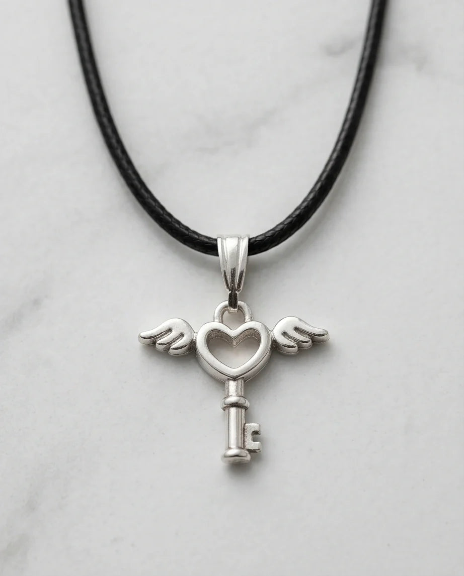 Silver Angel Wing Heart Key Necklace