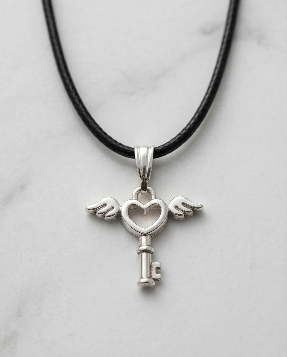 Silver Angel Wing Heart Key Necklace