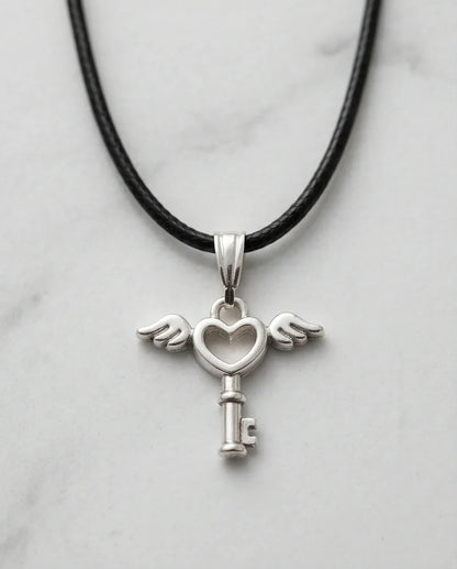 Silver Angel Wing Heart Key Necklace