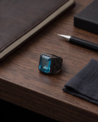 Jet Black Emerald-Cut Onyx Geometric Architectural Silver Ring