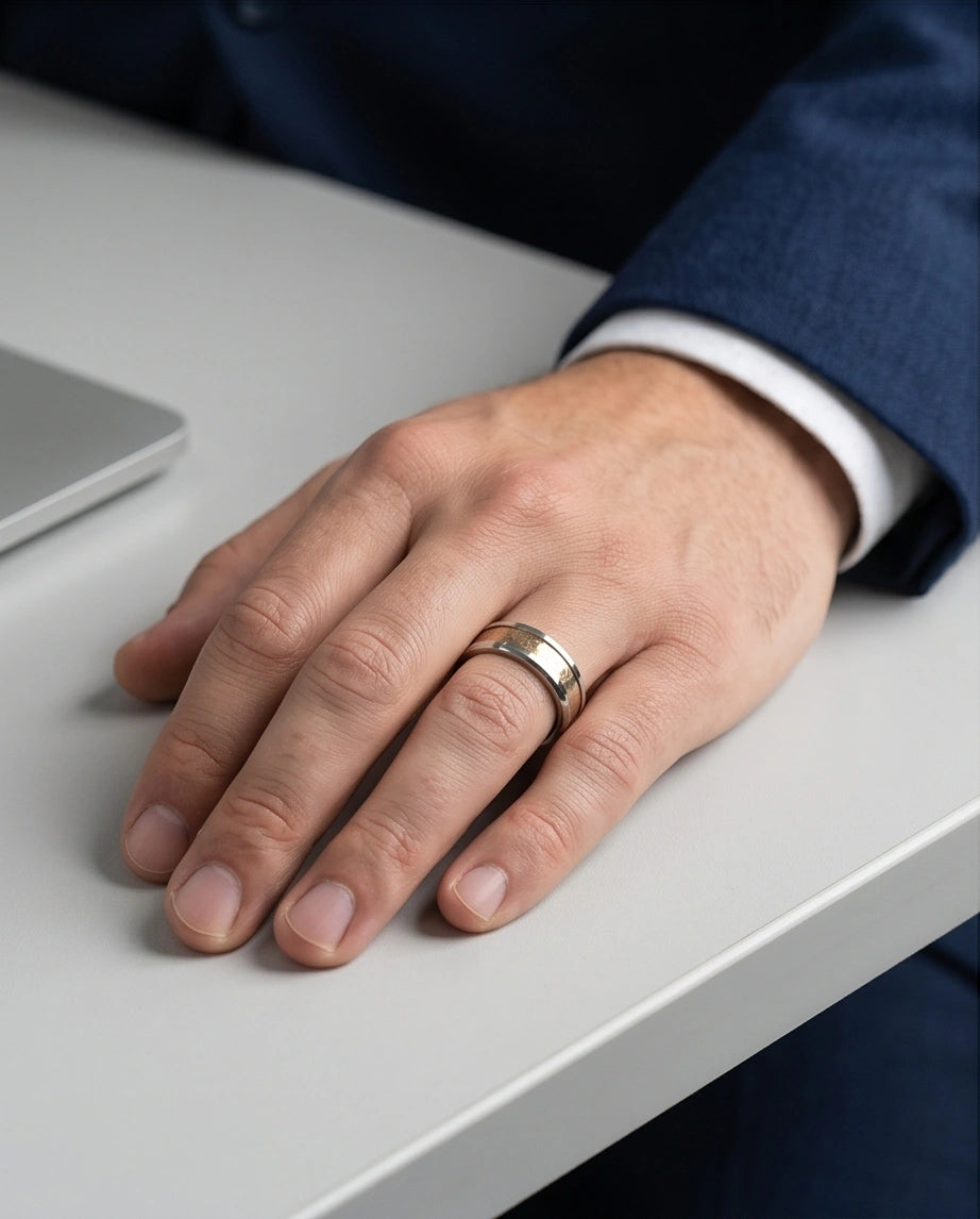 Natural Koa Wood Inlay Silver Band Ring
