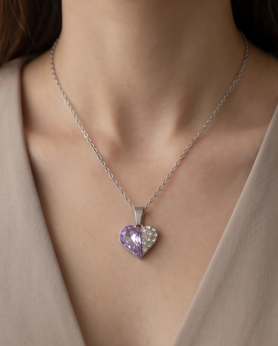 Silver Amethyst Heart Pavé Pendant Necklace