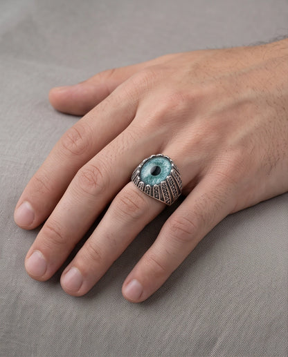 Teal-Grey Evil Eye Cabochon Architectural Bezel Silver Ring