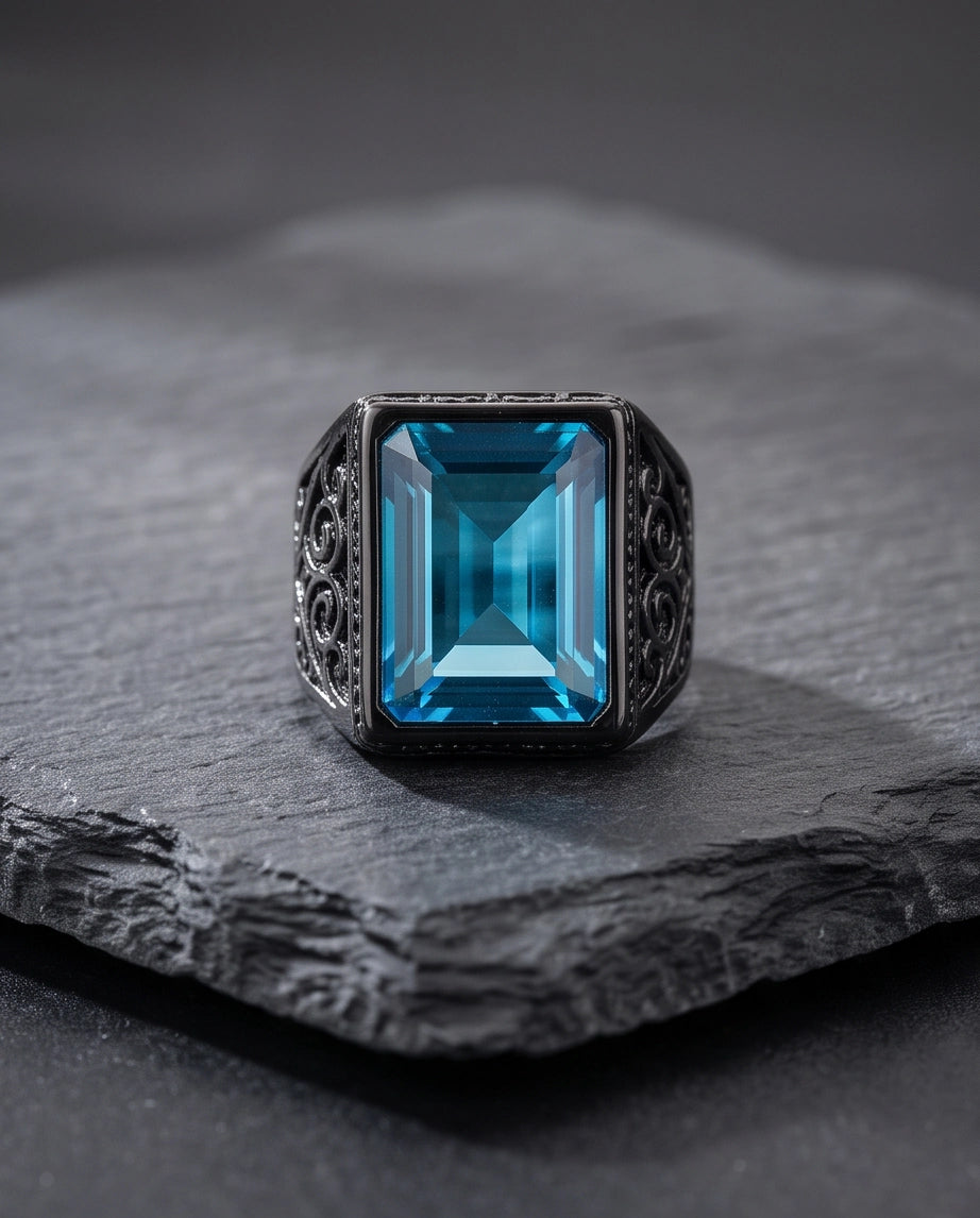 Jet Black Emerald-Cut Onyx Geometric Architectural Silver Ring