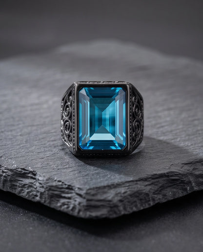 Jet Black Emerald-Cut Onyx Geometric Architectural Silver Ring