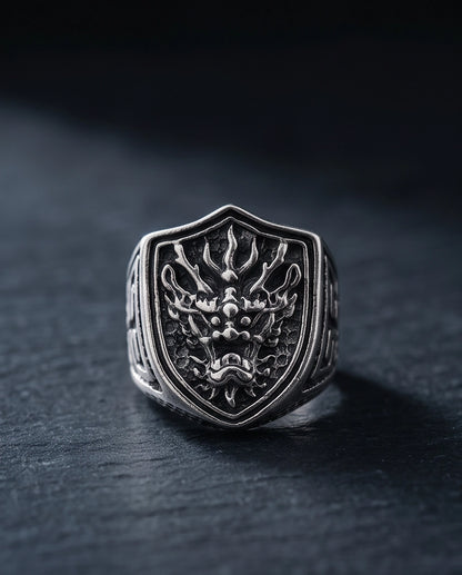 Draconic Shield Crest Silver Signet Ring