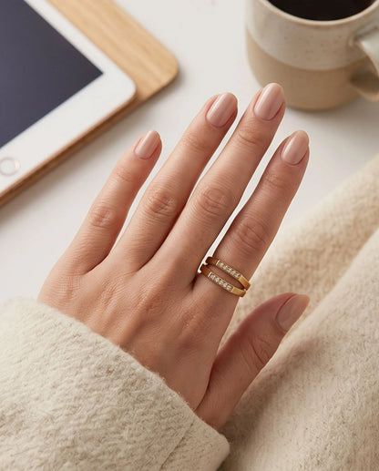 Gold Dual Geometric Bar Micro-Pavé Ring
