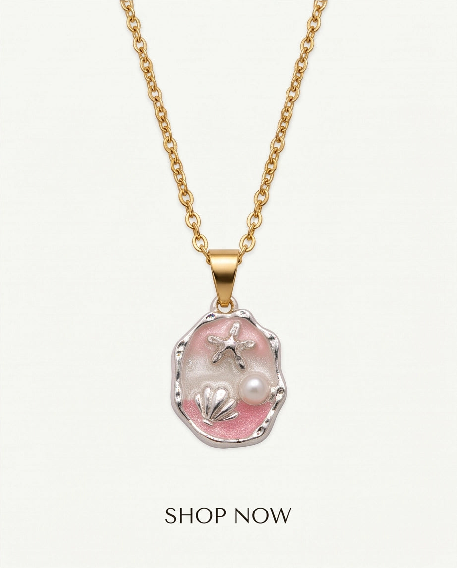 Silver Pink Seashell Starfish Pearl Enamel Medallion Chain Necklace