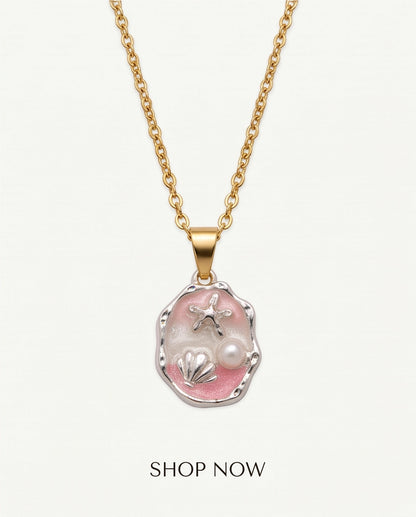 Silver Pink Seashell Starfish Pearl Enamel Medallion Chain Necklace
