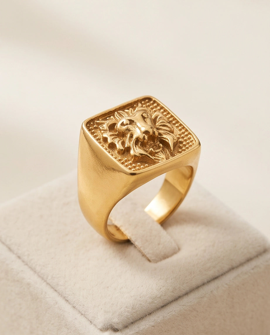 Sovereign Lion Stippled Cushion Signet Ring