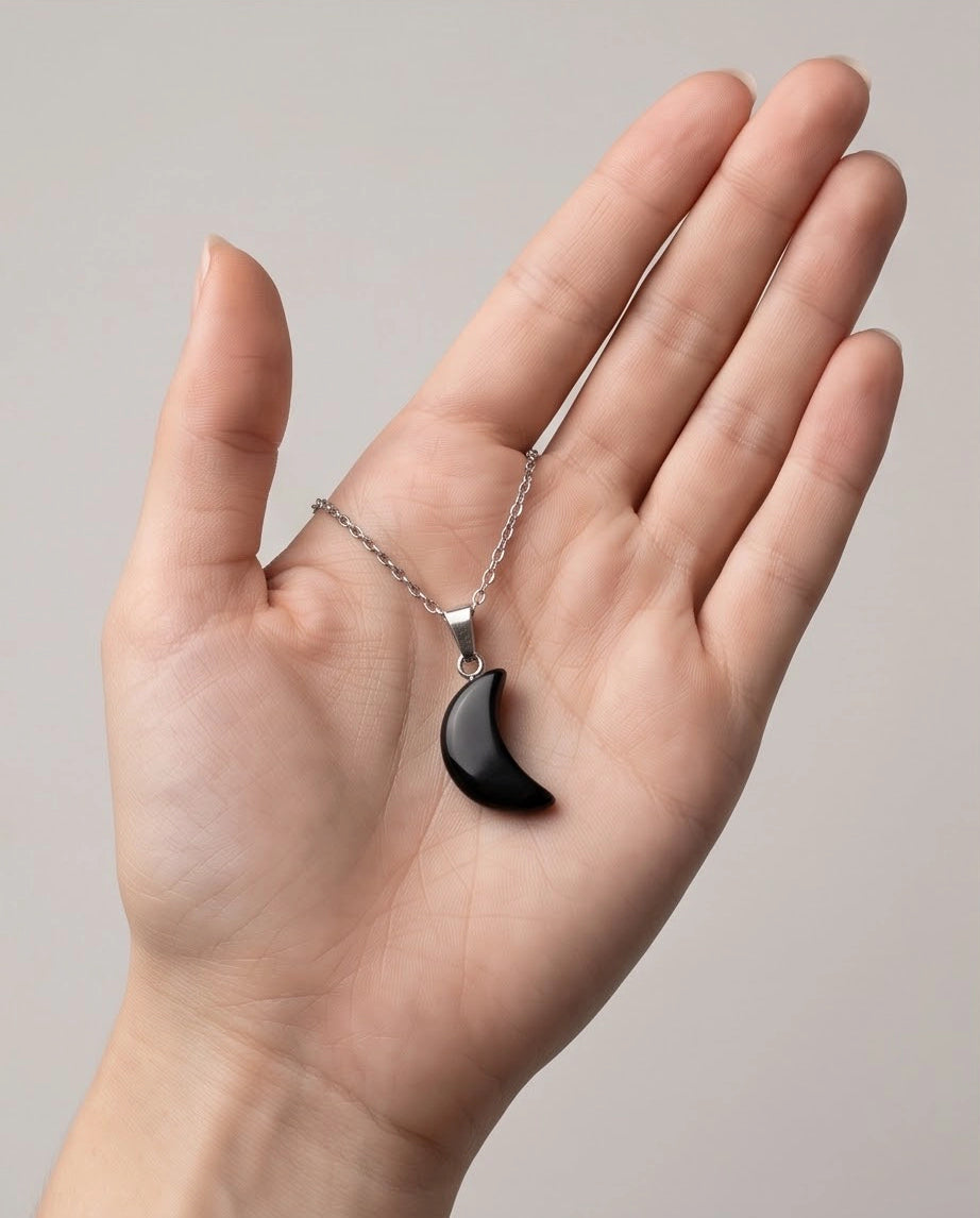 Silver Black Obsidian Crescent Moon Pendant Necklace