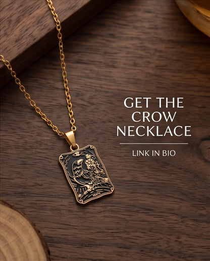 Gold "Death" Raven Tarot Card Pendant Necklace