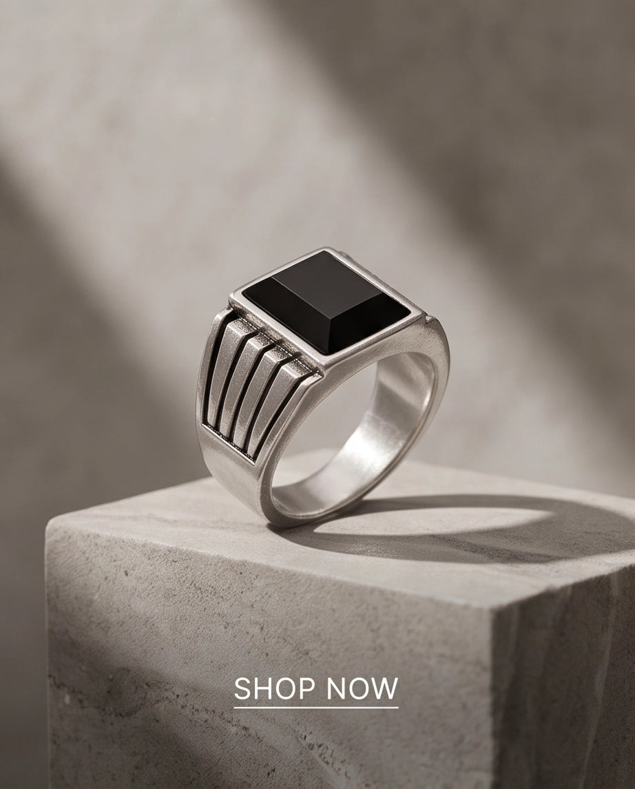 Pyramid Cut Onyx-Style Fluted Shoulder Silver Ring
