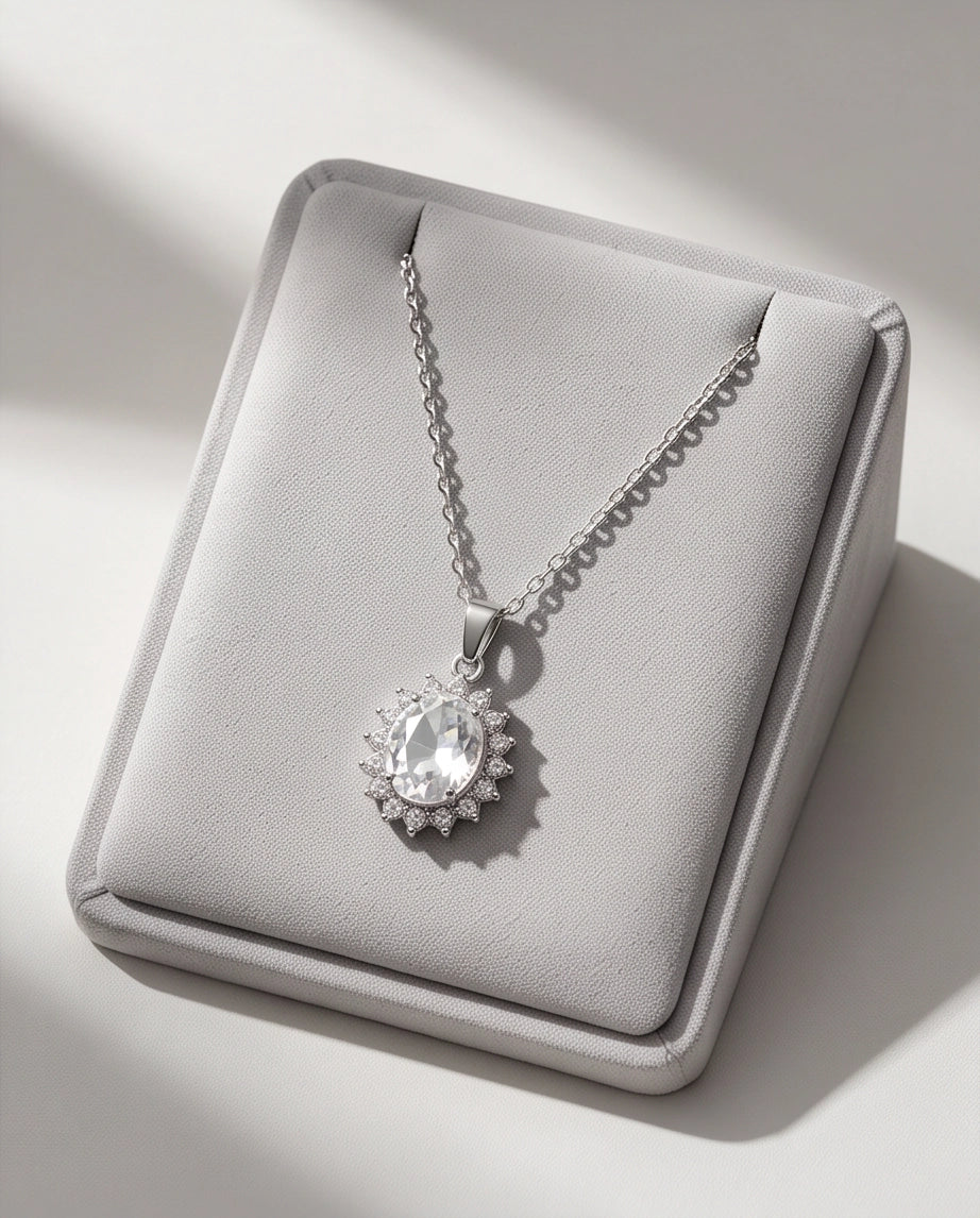 Silver Crystal Oval Halo Medallion Pendant Necklace