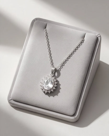 Silver Crystal Oval Halo Medallion Pendant Necklace