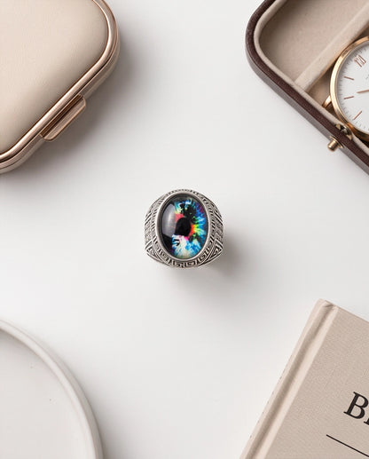 Cosmic Multi-Color Tie-Dye Cabochon Greek Key Silver Ring