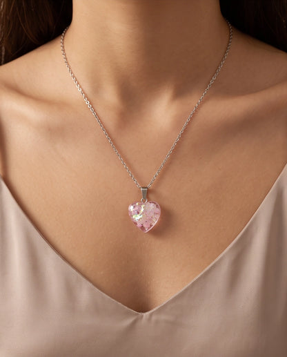 Silver Bubblegum Pink Glitter Heart Resin Pendant Necklace