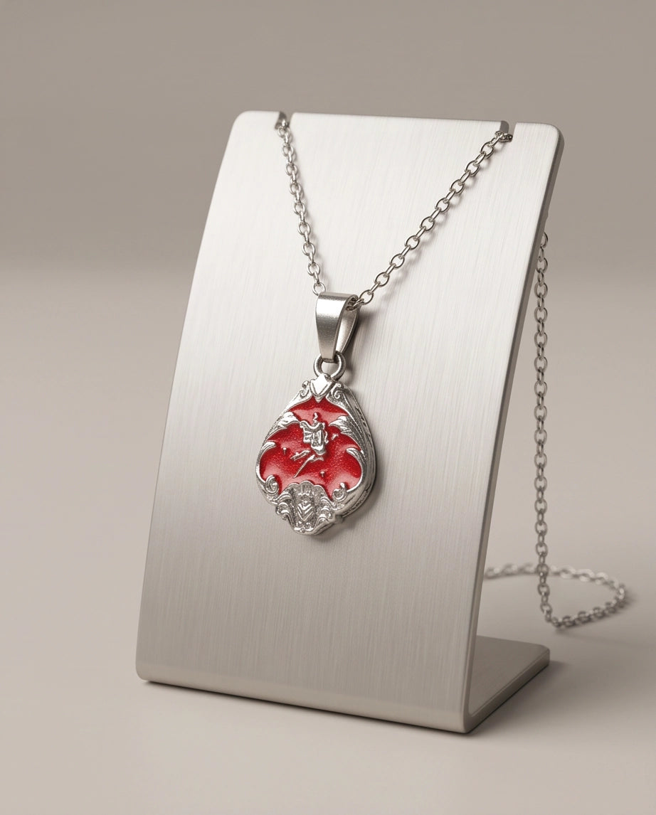 Silver Vintage Cherub Red Enamel Teardrop Pendant Necklace