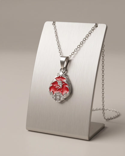 Silver Vintage Cherub Red Enamel Teardrop Pendant Necklace