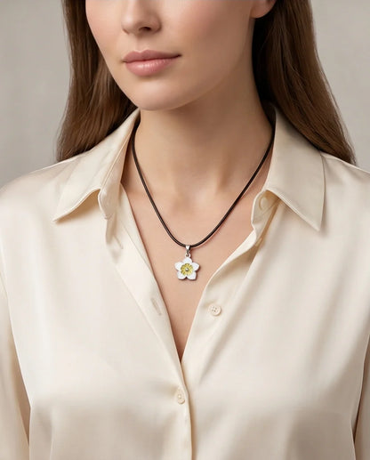 Charming White and Yellow Floral Enamel Pendant Necklace