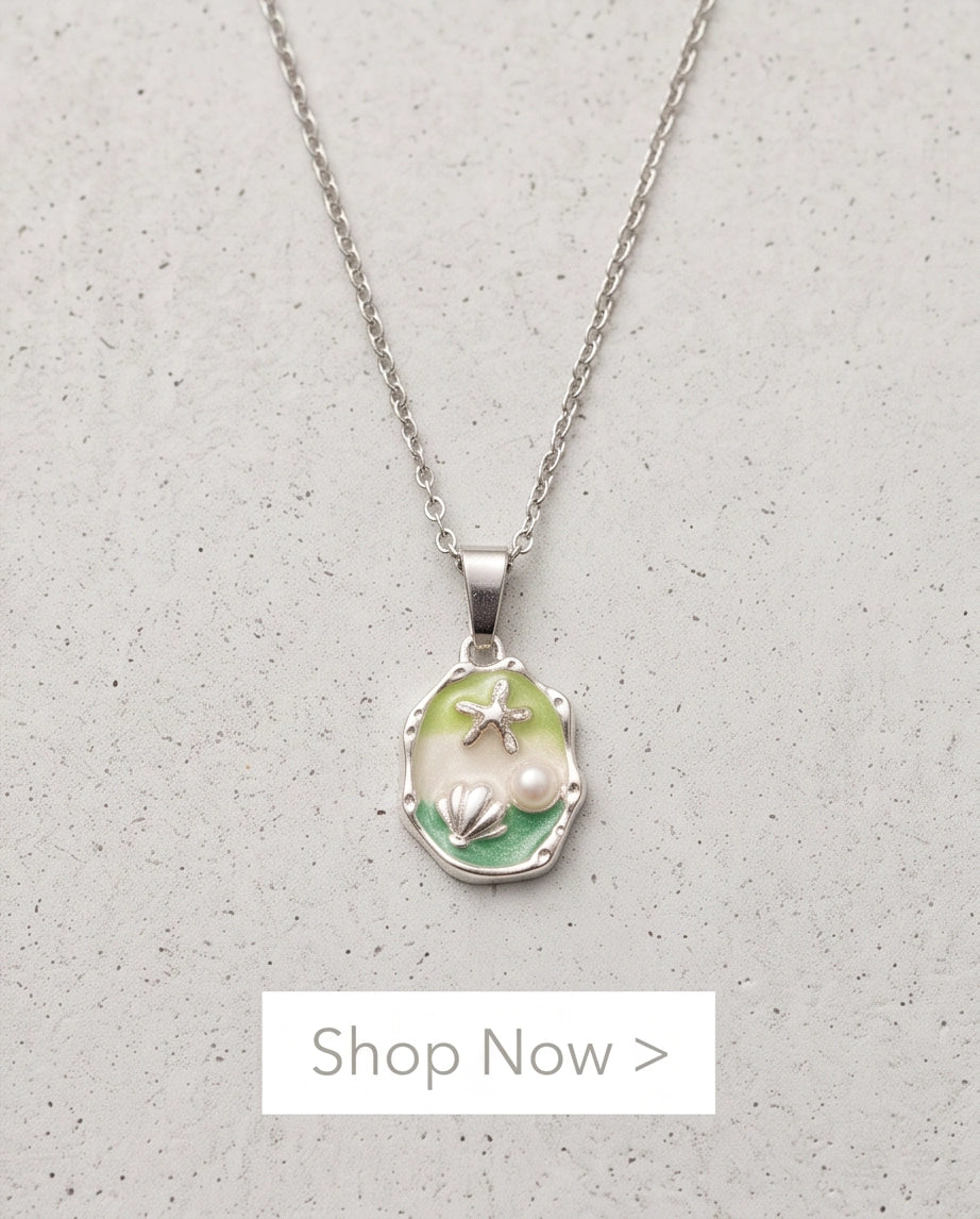 Silver Green Seashell Starfish Pearl Enamel Medallion Chain Necklace
