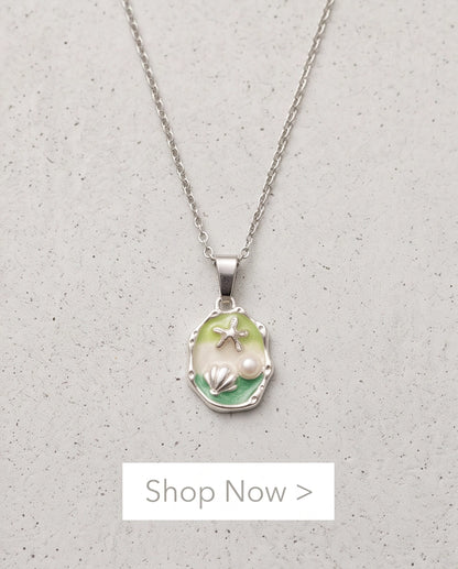 Silver Green Seashell Starfish Pearl Enamel Medallion Chain Necklace