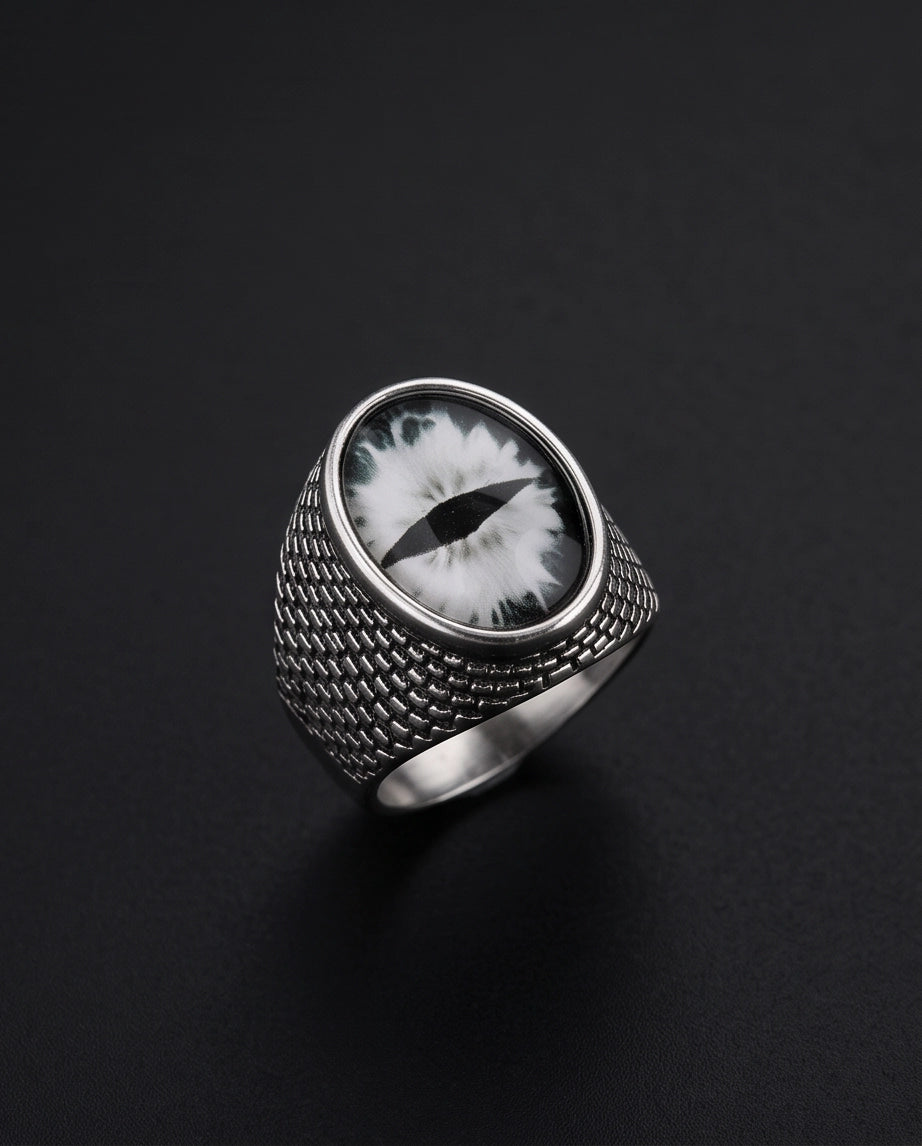 Slit-Pupil Obsidian Dragon-Eye Cabochon Scale-Band Silver Ring