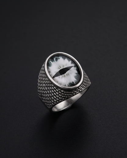 Slit-Pupil Obsidian Dragon-Eye Cabochon Scale-Band Silver Ring