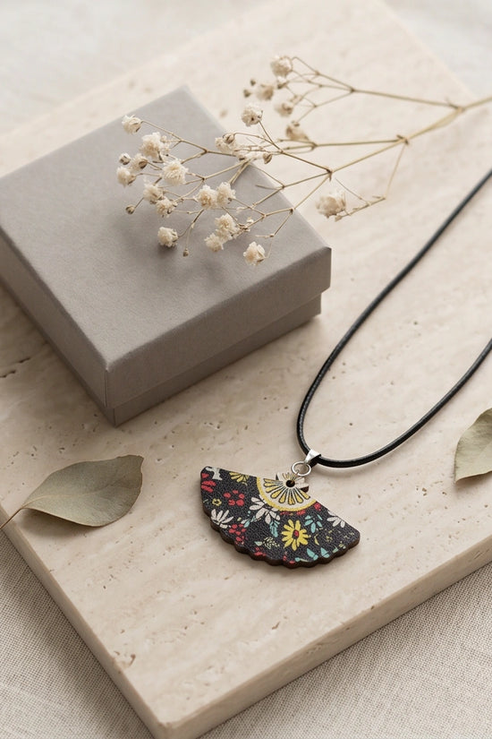 Vintage Black Botanical Hand-Fan Pendant Necklace