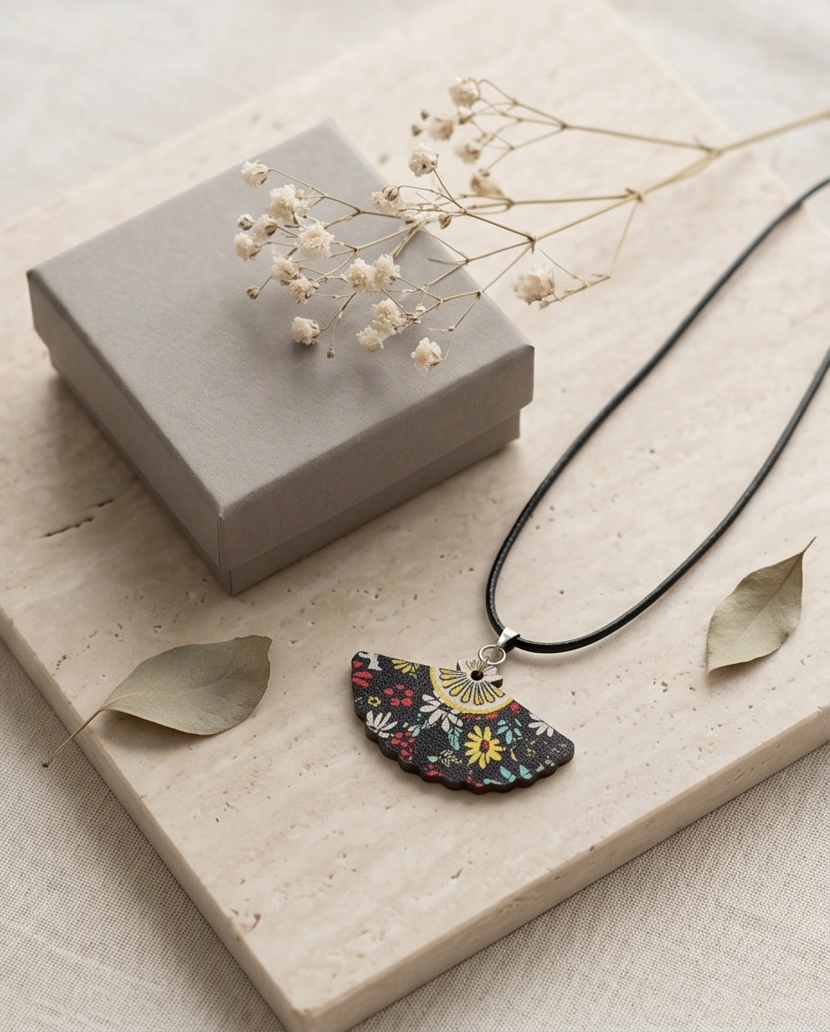 Vintage Black Botanical Hand-Fan Pendant Necklace