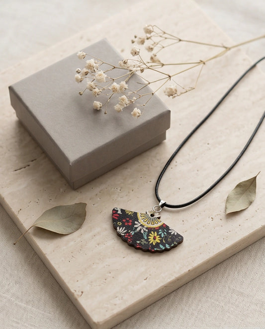 Vintage Black Botanical Hand-Fan Pendant Necklace