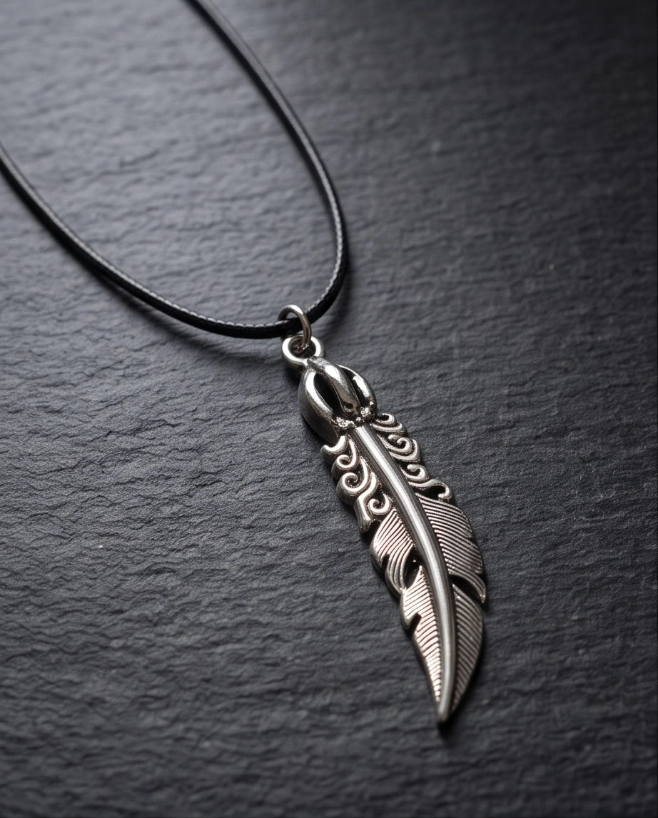 Silver Tribal Feather Cord Necklace