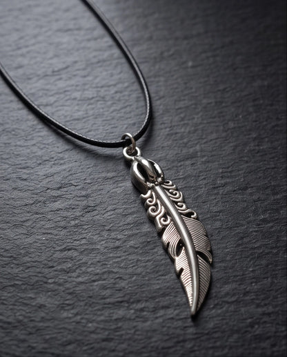 Silver Tribal Feather Cord Necklace