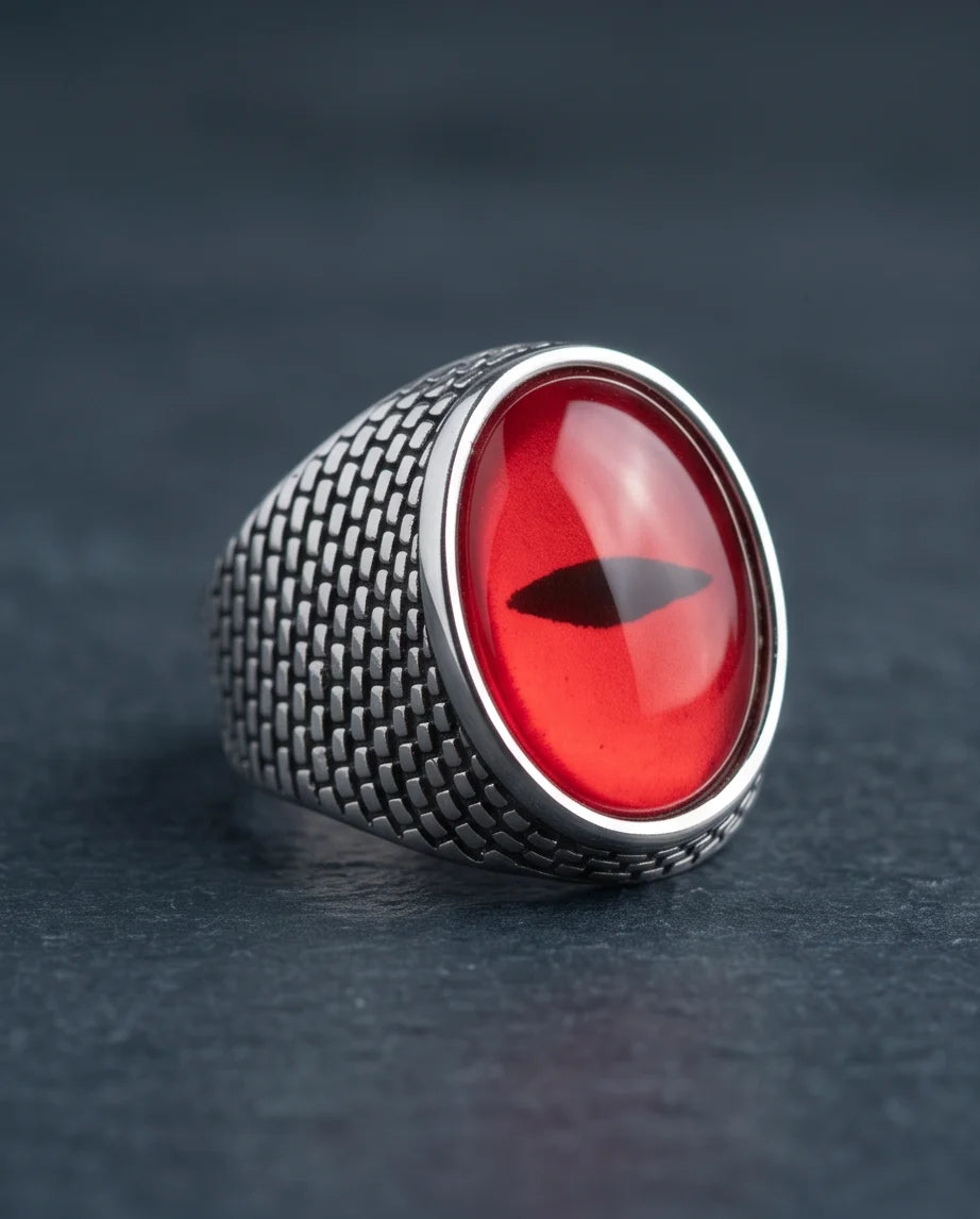 Crimson Brickwork Slit-Pupil Silver Ring