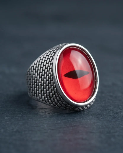 Crimson Brickwork Slit-Pupil Silver Ring